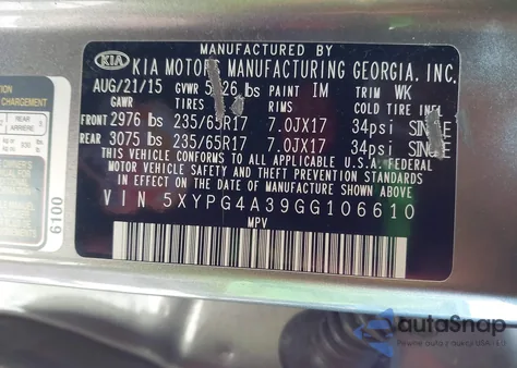 2016 Kia Sorento 2.4L Lx z USA, uszkodzony, nr VIN 5XYPG4A39GG106610